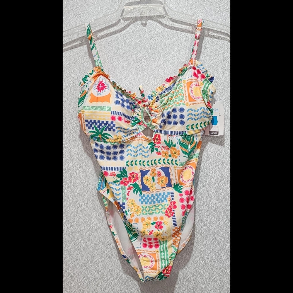 High Leg One Piece Swimsuit Size XL Bright Colorful Tropical Time & Tru NWT